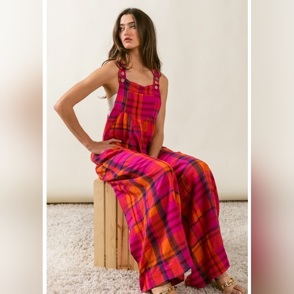 Vintage plaid wide leg jumpsuits - Picture 4 of 9